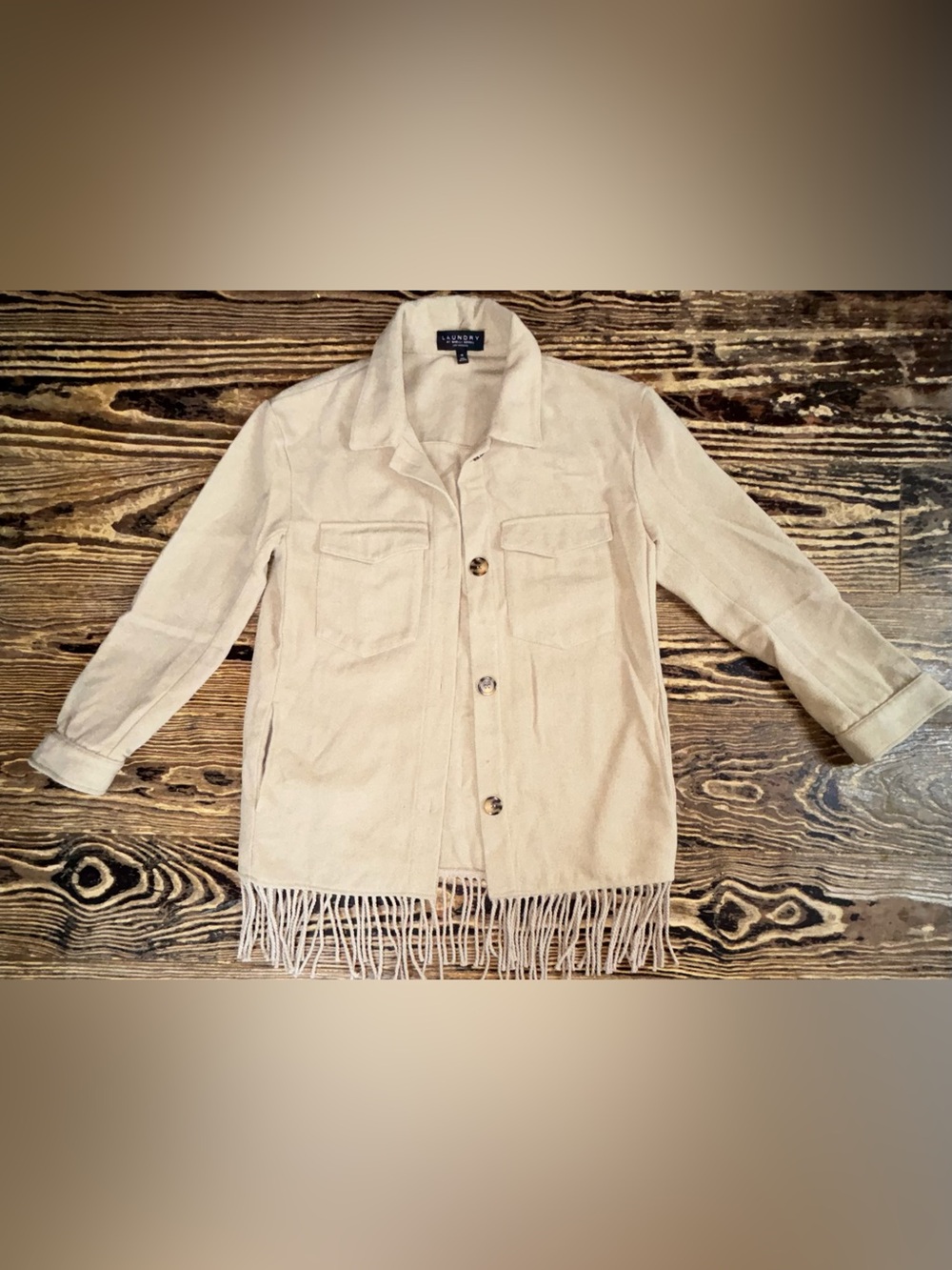 Laundry by Shelli Segal Cream Fringe Button-Front Top, Wool Texture!